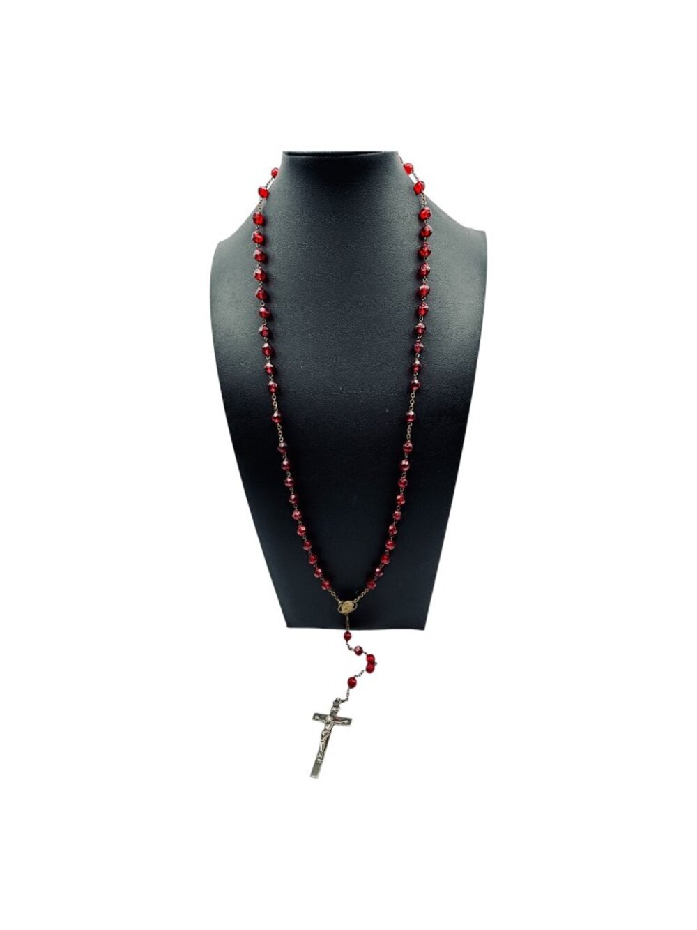 VTG Ruby Red Glass Bead Rosary Faceted Hand-linked 5 Decades Madonna & Child 20" - Picture 2 of 9